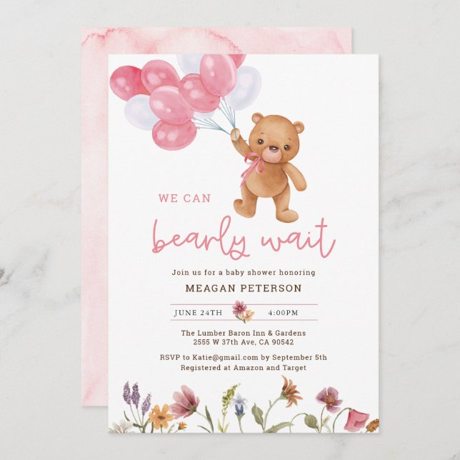 Invitation Teddy Bear Girl Nous pouvons Bearly Wait Baby show (Devant / Derrière)