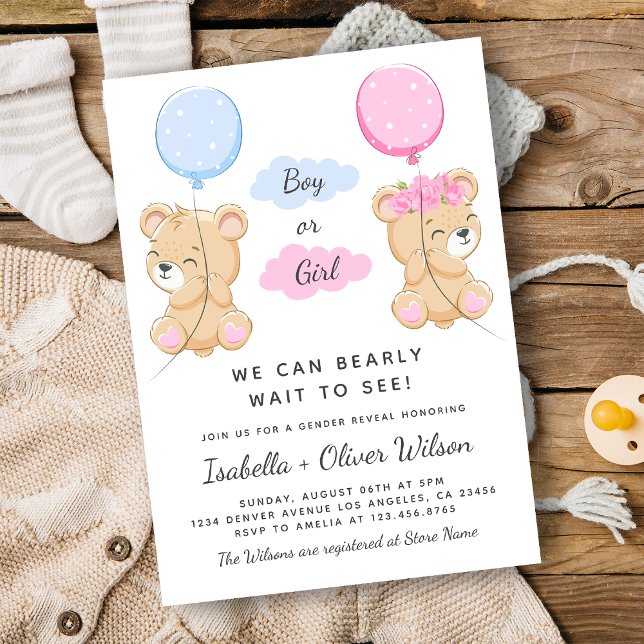 Invitation Teddy Bear Girl or Boy Thème Genre Reveal Party (Teddy Bear Girl or Boy Theme Gender Reveal Party Invitation)