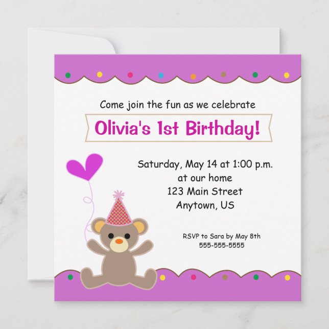 Invitation Teddy Bear Girls 1st Birthday Party (Devant)