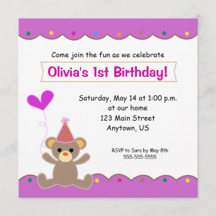 Invitation Teddy Bear Girls 1st Birthday Party