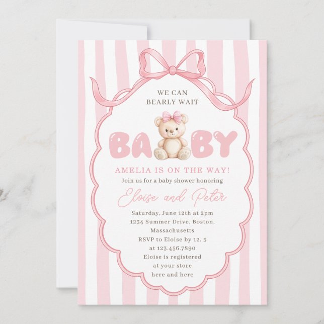 Invitation Teddy Bear Girls Pink Bow Baby Shower (Devant)
