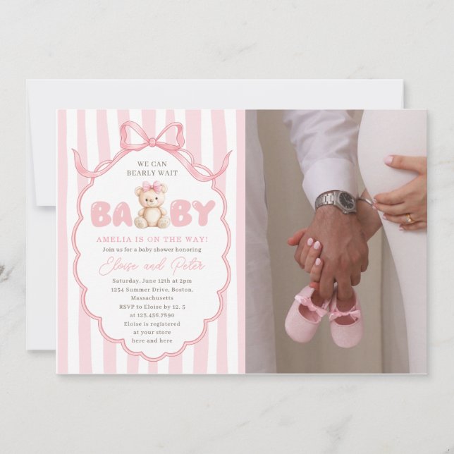 Invitation Teddy Bear Girls Pink Bow Baby Shower (Devant)