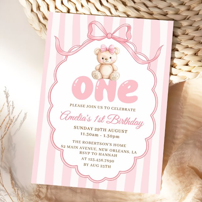 Invitation Teddy Bear Girls Pink Bow Stripes 1st Birthday (Créateur téléchargé)