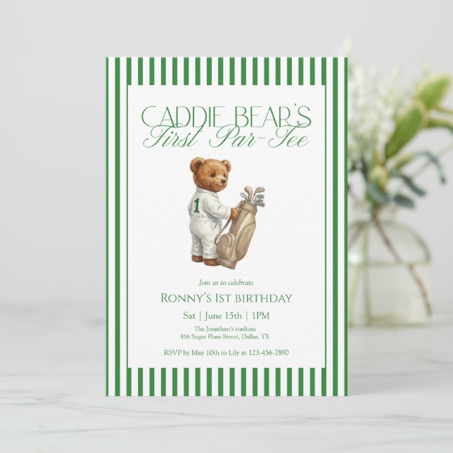 Invitation Teddy Bear Golf 1st Birthday Party Caddie Bear (Debout devant)