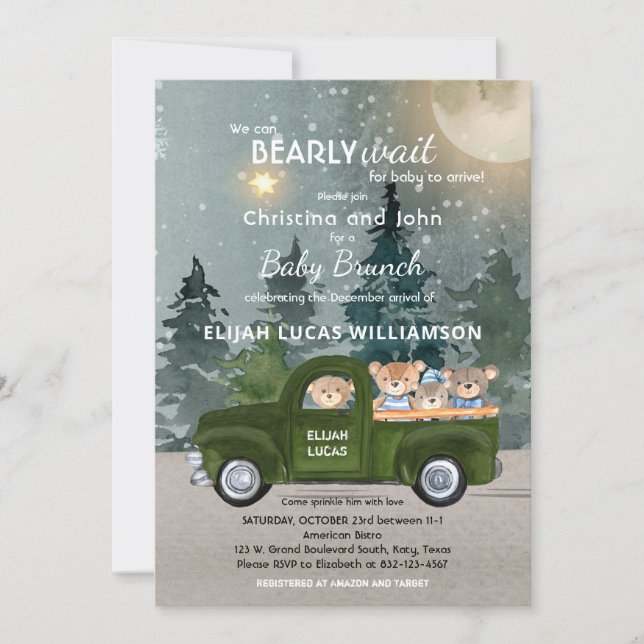 Invitation Teddy Bear Green Camion Lune et Baby shower forest (Devant)