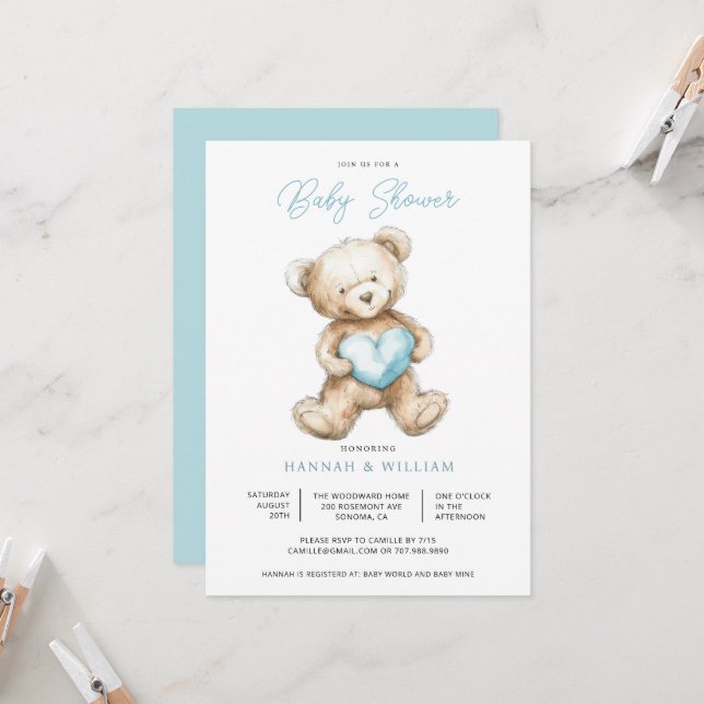 Invitation Teddy Bear Heart Boy Blue Baby Shower  (Devant/Arrière en situation)