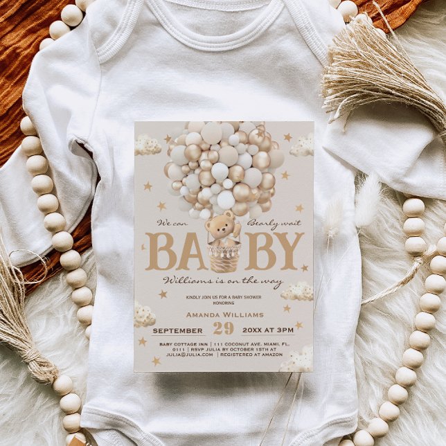 Invitation Teddy Bear Hot Air Balloon Baby shower Or Tan (Créateur téléchargé)