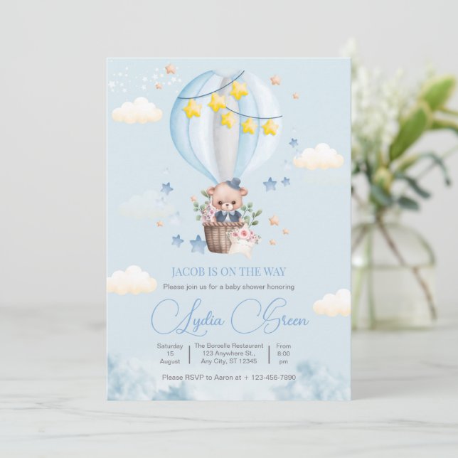Invitation Teddy Bear Hot Air Balloon Bear Baby shower Garçon (Debout devant)
