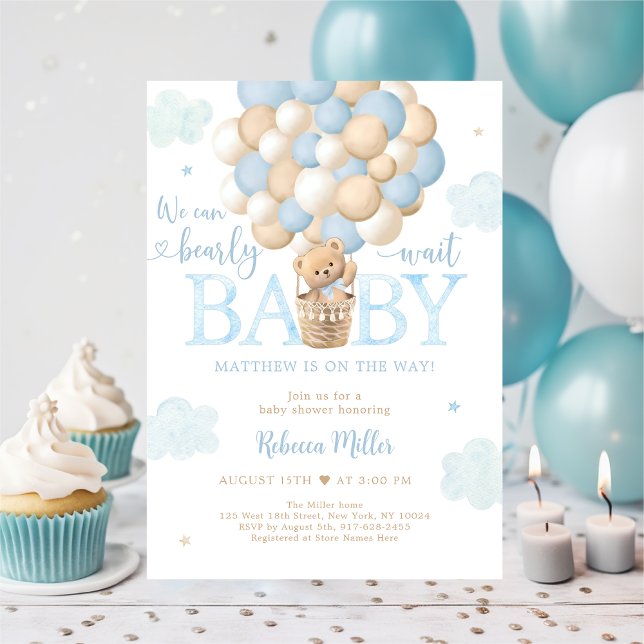 Invitation Teddy Bear Hot Air Balloon Blue Boy Baby shower (Créateur téléchargé)