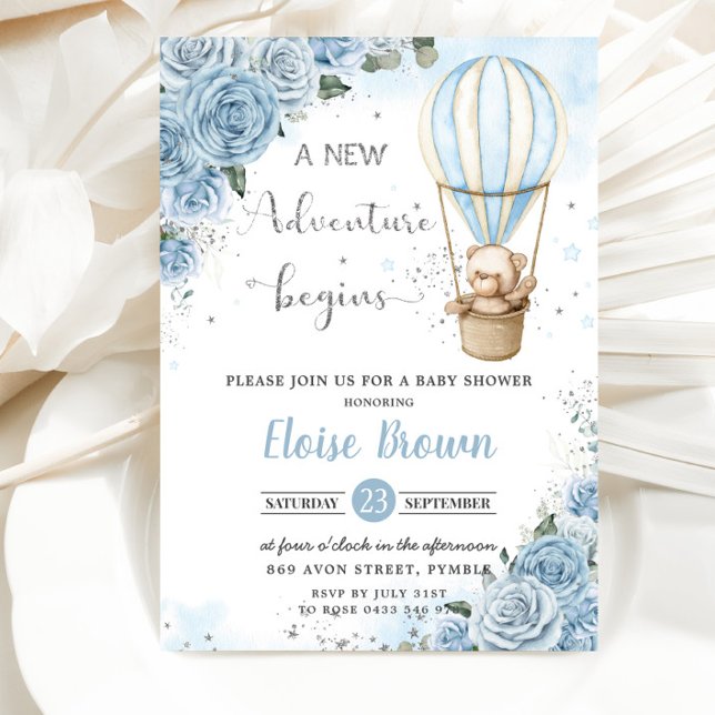 Invitation Teddy Bear Hot Air Balloon Blue Floral Baby shower (Créateur téléchargé)