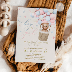 Invitation Teddy Bear Hot Air Balloon Gender Reveal Party