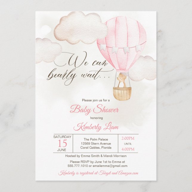 Invitation Teddy Bear Hot Air Balloon Girl Baby shower (Devant)