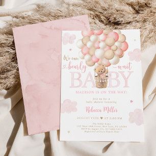 Invitation Teddy Bear Hot Air Balloon rose Baby shower fille