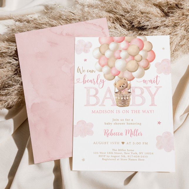 Invitation Teddy Bear Hot Air Balloon rose Baby shower fille (Créateur téléchargé)