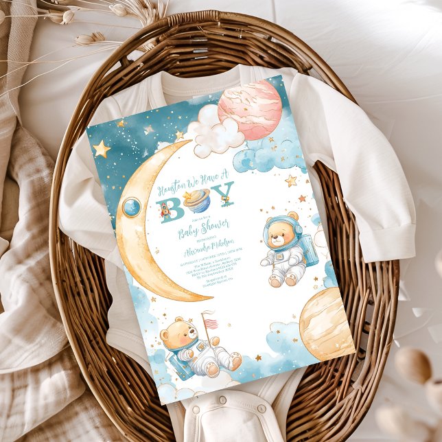 Invitation Teddy Bear Houston Nous Avons Un Garçon Espace Ext (Créateur téléchargé)