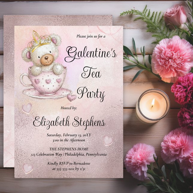 Invitation Teddy Bear in a Teacup Galantine's Tea Party (Galentine’s Tea Party Invitation | Cute Teddy Bear Teacup Valentine Party Invite - Print | Digital)