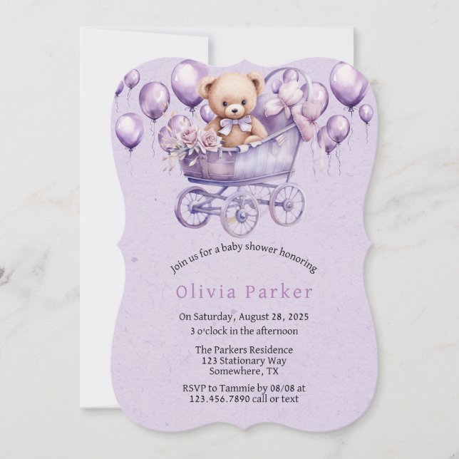 Invitation Teddy Bear Lavender Carriage Girl Baby shower (Devant)
