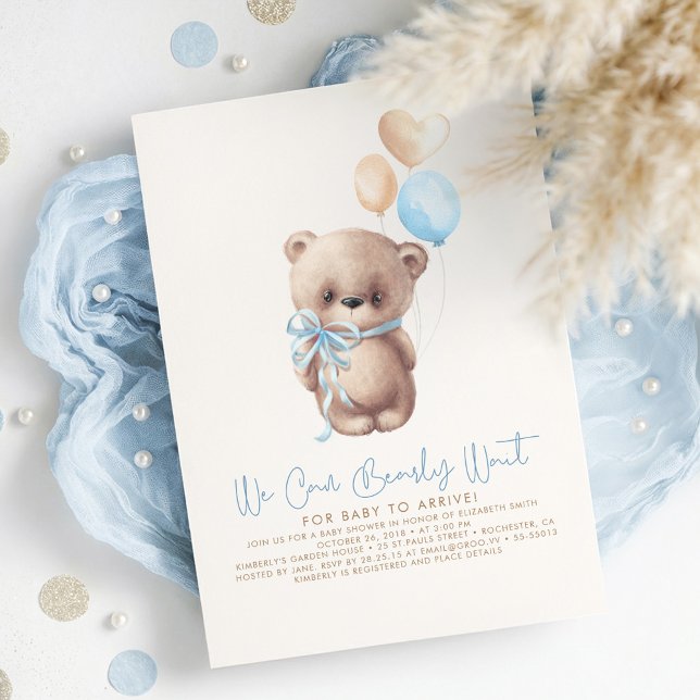 Invitation Teddy Bear Light Brown et Blue Boy Baby shower (We Can Bearly Wait - Dusty Blue and Beige Elegant Cute Baby Boy Baby Shower Invitation)