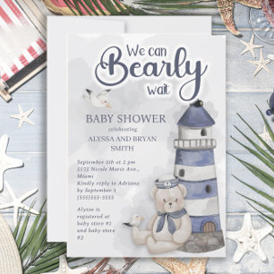 Invitation Teddy Bear Lighthouse Bearly Wait Baby Boy Shoy