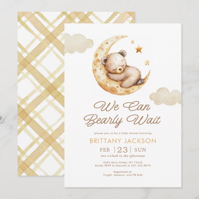 Invitation Teddy Bear Lune Baby shower neutre pour les femmes (Devant / Derrière)