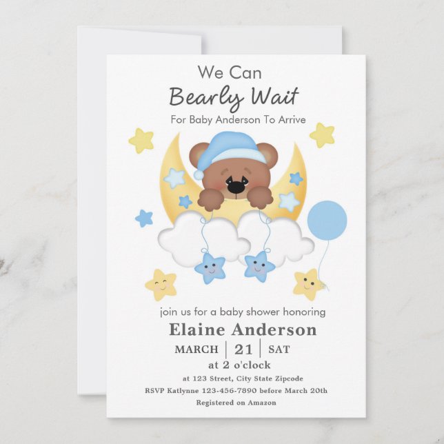 Invitation Teddy Bear Lune Nuages Stars Baby Boy Douche (Devant)