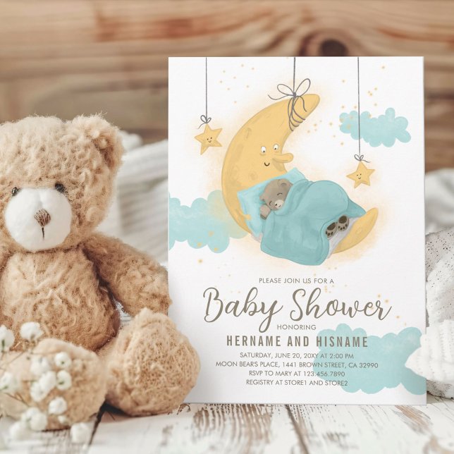 Invitation Teddy Bear Lune Stars Baby shower garçon (Créateur téléchargé)