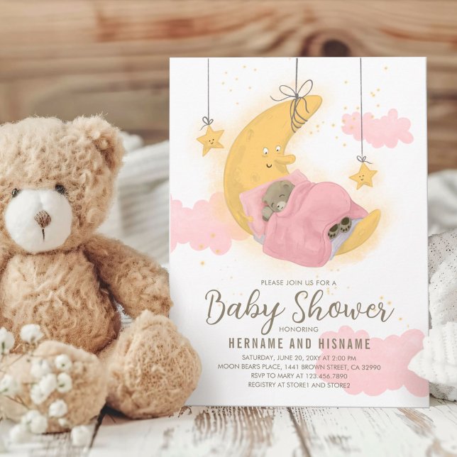 Invitation Teddy Bear Lune Stars Girl Baby shower (Créateur téléchargé)