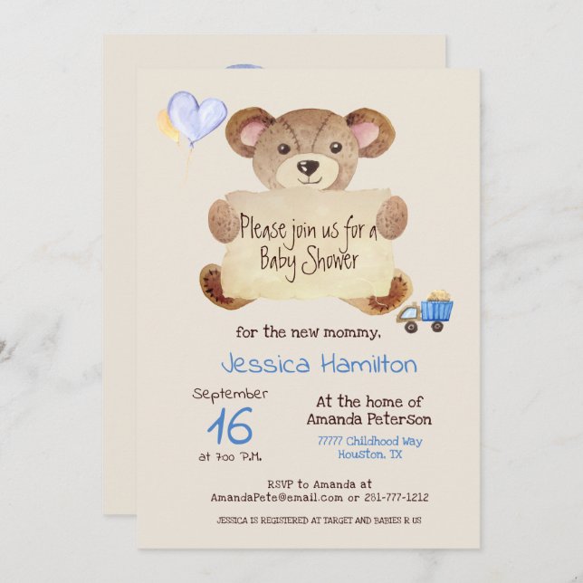 Invitation Teddy Bear mignonne adorable Baby Boy Baby shower (Devant / Derrière)