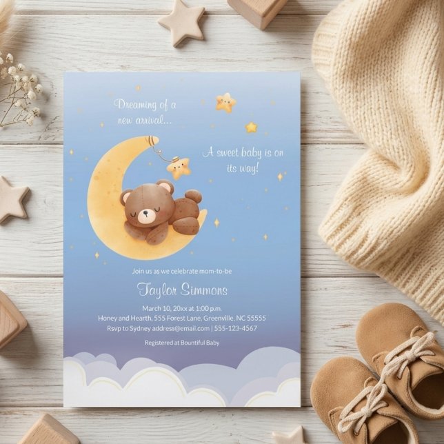 Invitation Teddy Bear Moon Dreamy Soft Blue Baby Shower (Créateur téléchargé)