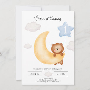 Invitation Teddy Bear Moon et Stars bleu ballon Anniversaire