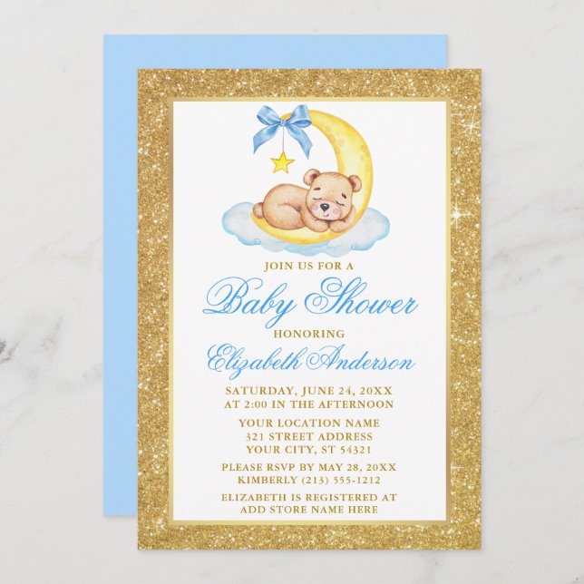 Invitation Teddy Bear Moon Gold Parties scintillant Baby show (Devant / Derrière)