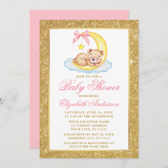 Invitation Teddy Bear Moon Gold Parties scintillant Baby show (Devant / Derrière)