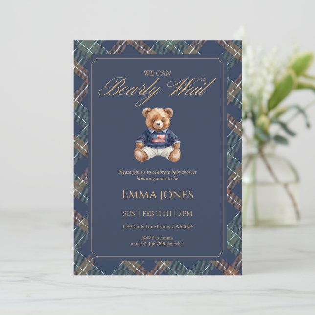 Invitation Teddy Bear Navy Tartan Plaid Classic Baby Shower (Debout devant)
