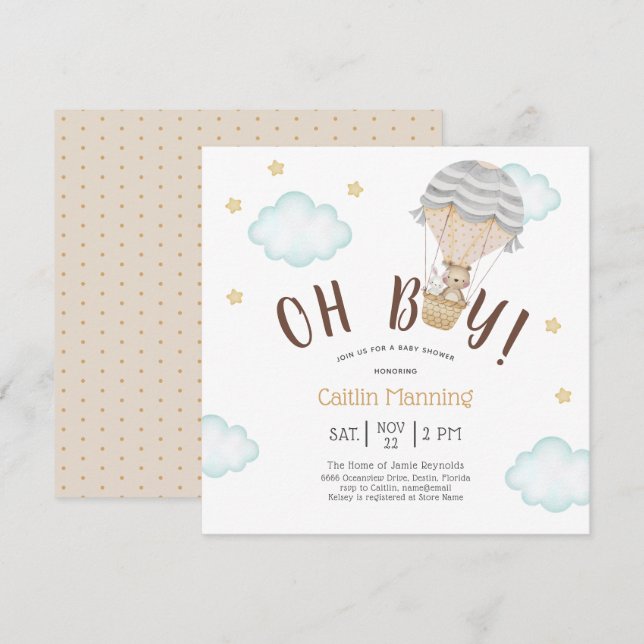 Invitation Teddy Bear Oh Boy Woodland Baby shower (Devant / Derrière)