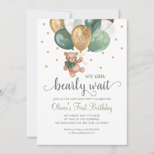Invitation Teddy Bear On Peut Attendre Bébé Anniversaire (Devant)