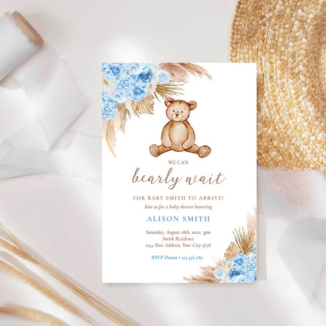 Invitation Teddy Bear Pampas Grass Bearly Wait Baby shower (Créateur téléchargé)