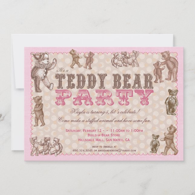 Invitation Teddy Bear Party Style Vintage - rose (Devant)