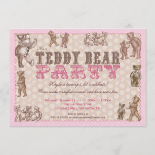 Invitation Teddy Bear Party Style Vintage - rose