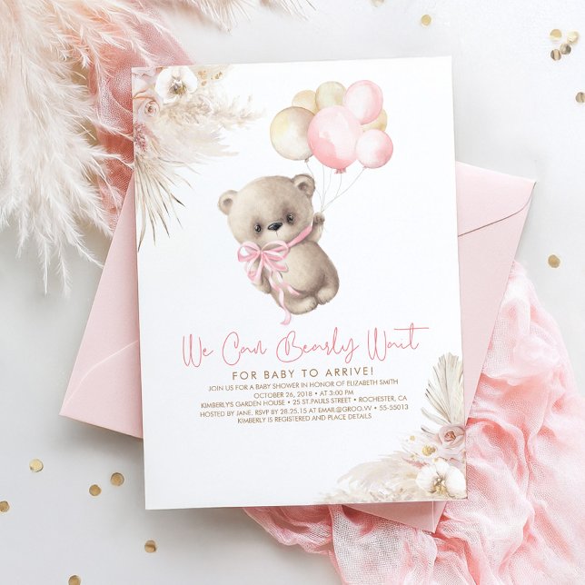Invitation Teddy Bear Pastel Brown rose Boho Girl Baby shower (Teddy Bear Girl Baby Shower Invitations)