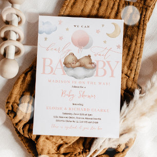 Invitation Teddy Bear Peach Balloon Nuages Etoiles Baby showe