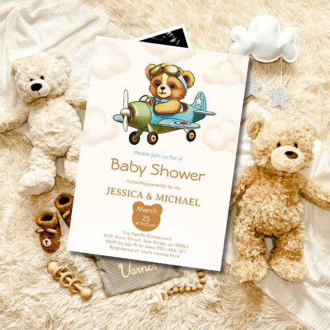 Invitation Teddy Bear Petit Baby shower d'avion pilote (Teddy Bear Tiny Pilot Airplane Baby Shower Invitation)