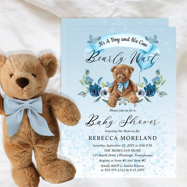 Invitation Teddy Bear peut attendre bleu Baby shower garçon (Créateur téléchargé)