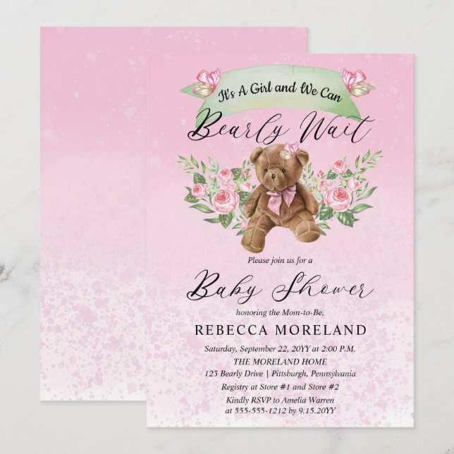 Invitation Teddy Bear peut attendre rose fille Baby shower I (Devant / Derrière)