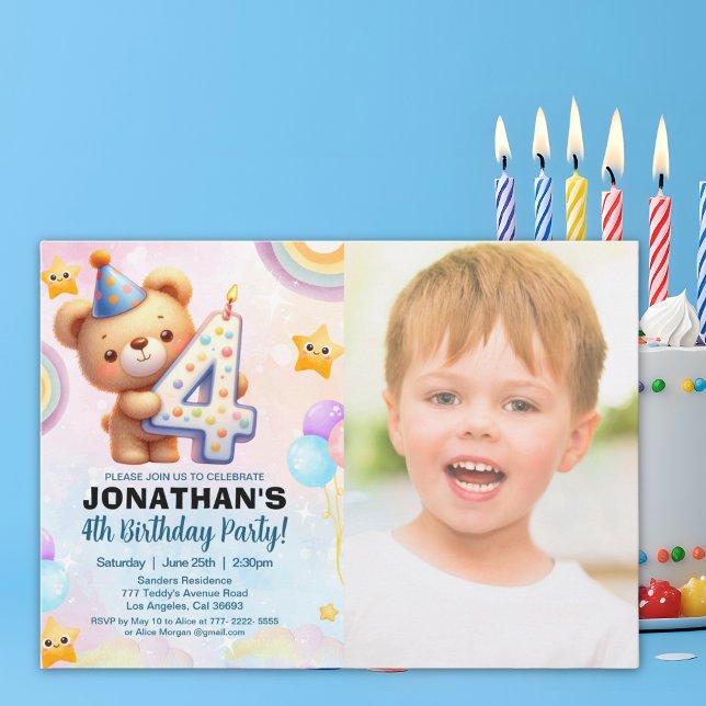 Invitation Teddy Bear Photo Birthday 4th for boy's (Créateur téléchargé)