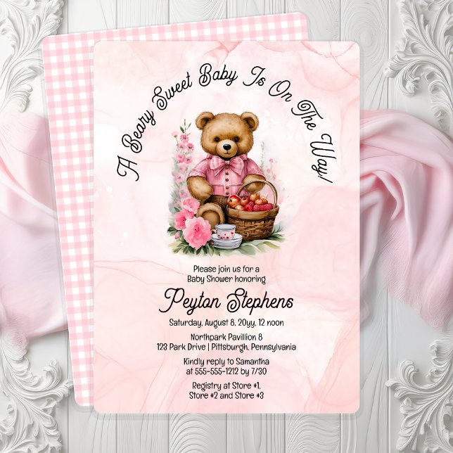 Invitation Teddy Bear Picnic Beary Baby shower sucré ("A Beary Sweet Baby Is On The Way!" Teddy Bear Pink Picnic Girl Baby Shower Invitation Print | Digi)
