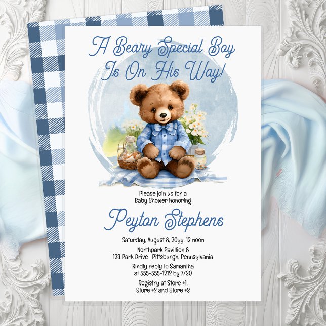 Invitation Teddy Bear Pique-nique Beary Baby shower spécial g ("A Beary Special Boy Is On His Way!" Cute Teddy Bear Picnic Boy Baby Shower Invitation - Print | Dig)