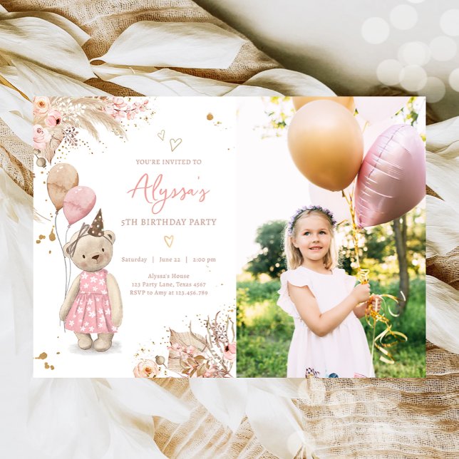 Invitation Teddy Bear Pique-nique Boho Rose Girl Fête Anniver (Créateur téléchargé)