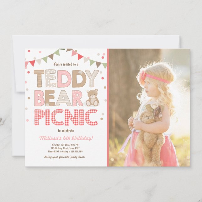 Invitation Teddy Bear Pique-nique Fille anniversaire Invitati (Devant)