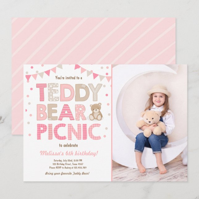 Invitation Teddy Bear Pique-nique Fille anniversaire Invitati (Devant / Derrière)
