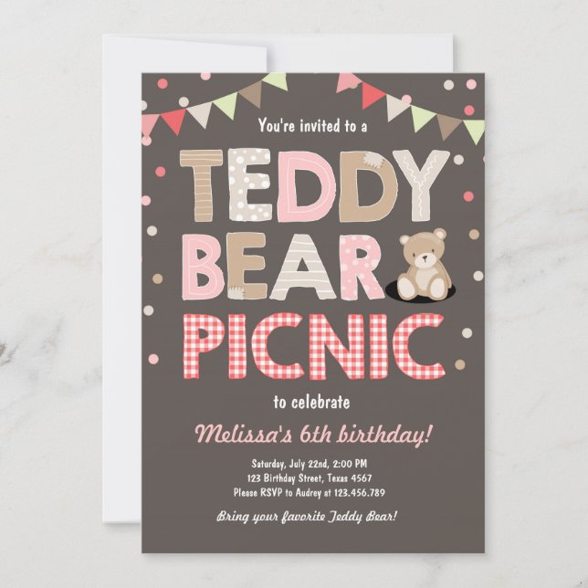 Invitation Teddy Bear Pique-nique Fille anniversaire Invitati (Devant)